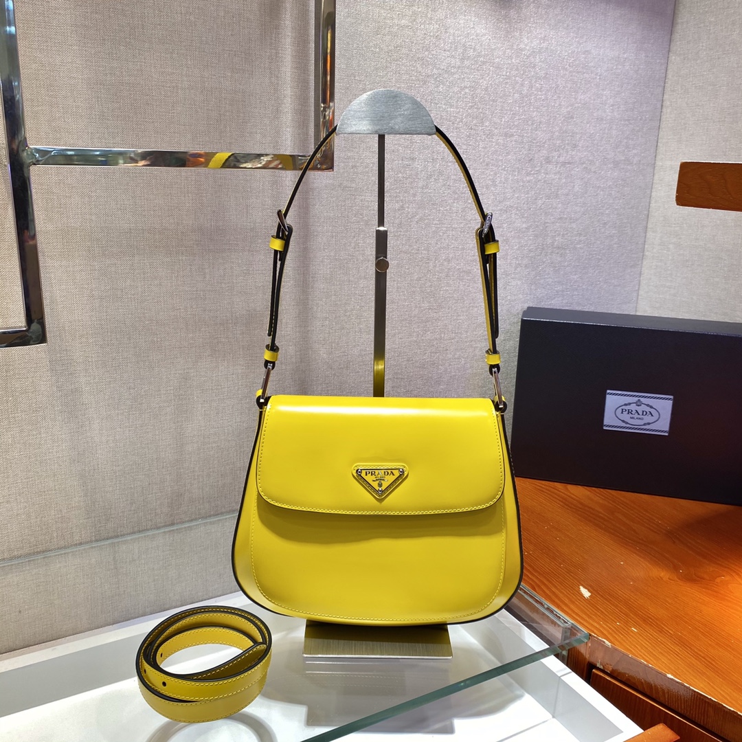 Prada Cleo Brushed Leather Shoulder Bag With Flap Yellow 1BD303